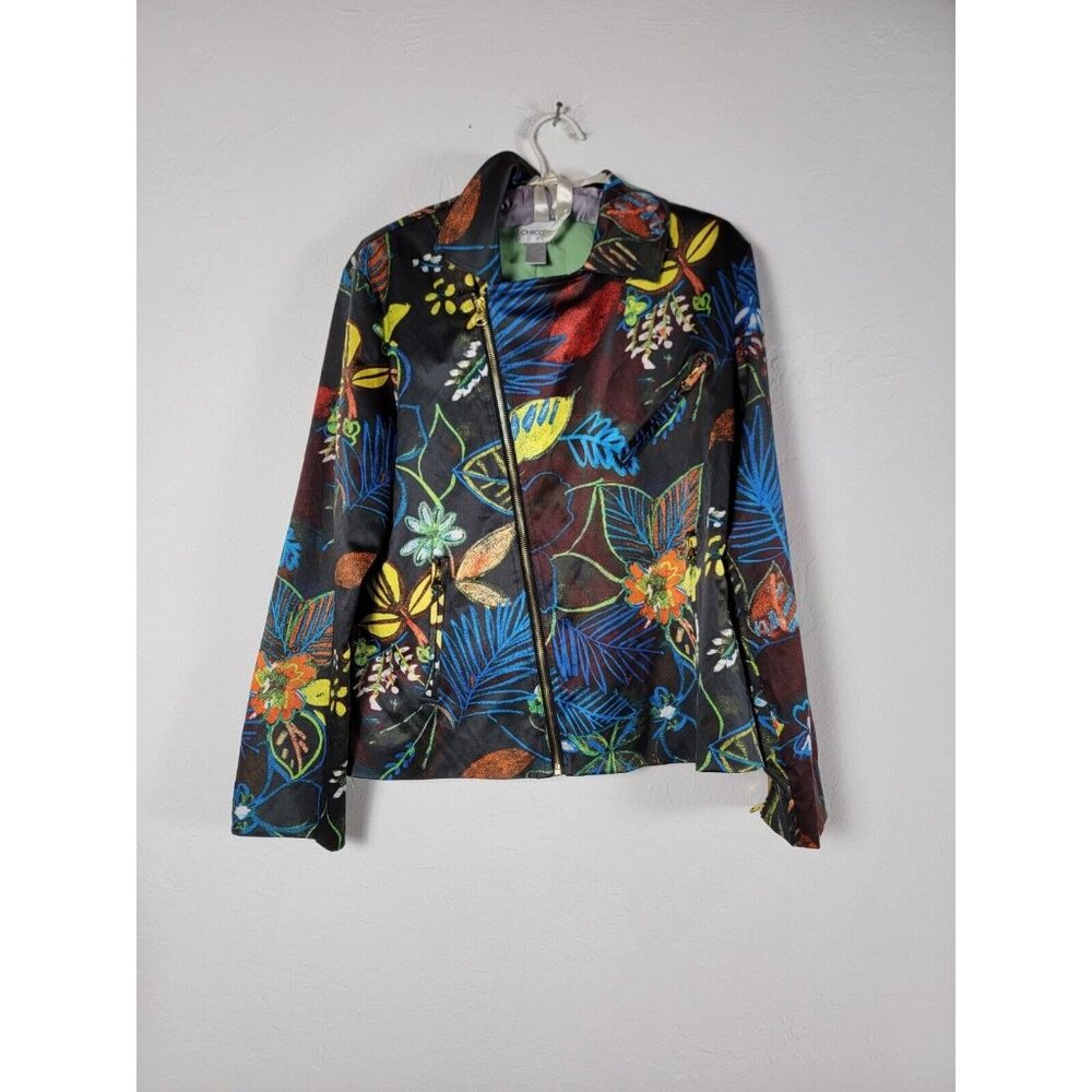 Chico's Womens Satin Floral Full Zip Moto Biker Jacket Size 1 Multicolor Lined